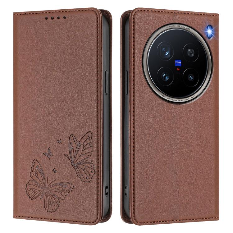 For vivo X200 Pro 5G Strong Magnetic Dual Butterfly RFID Vegan Leather Phone Case