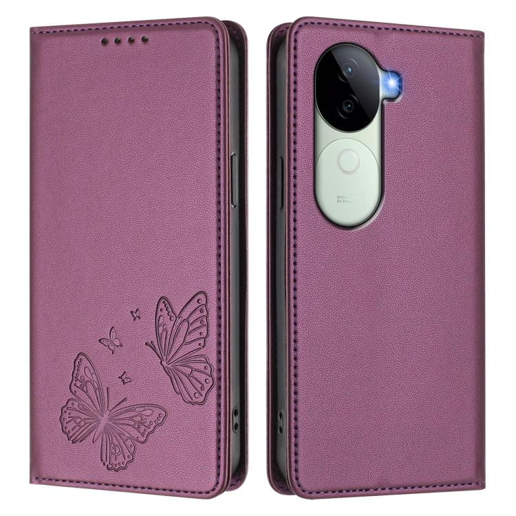 For vivo V40e 5G India / iQOO Z9s 5G Strong Magnetic Dual Butterfly RFID Vegan Leather Phone Case