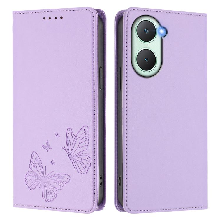 For vivo Y03 4G / Y18 4G / Y28s Global Strong Magnetic Dual Butterfly RFID Vegan Leather Phone Case