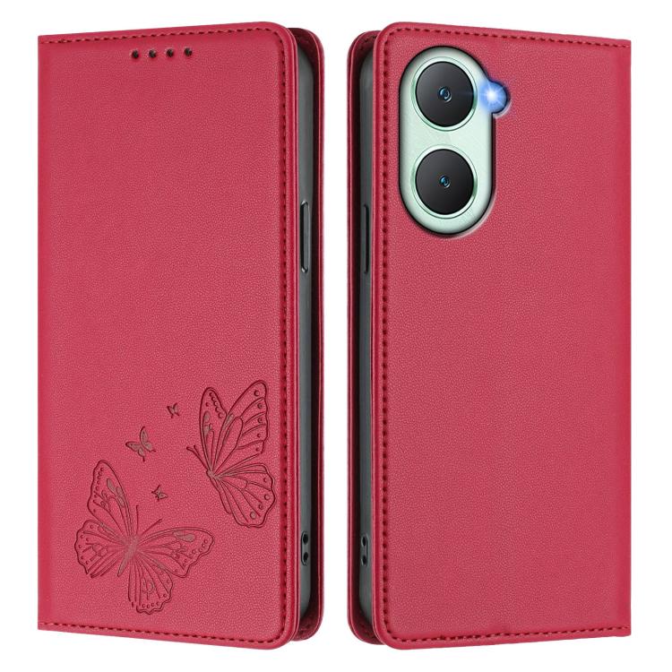 For vivo Y03 4G / Y18 4G / Y28s Global Strong Magnetic Dual Butterfly RFID Vegan Leather Phone Case