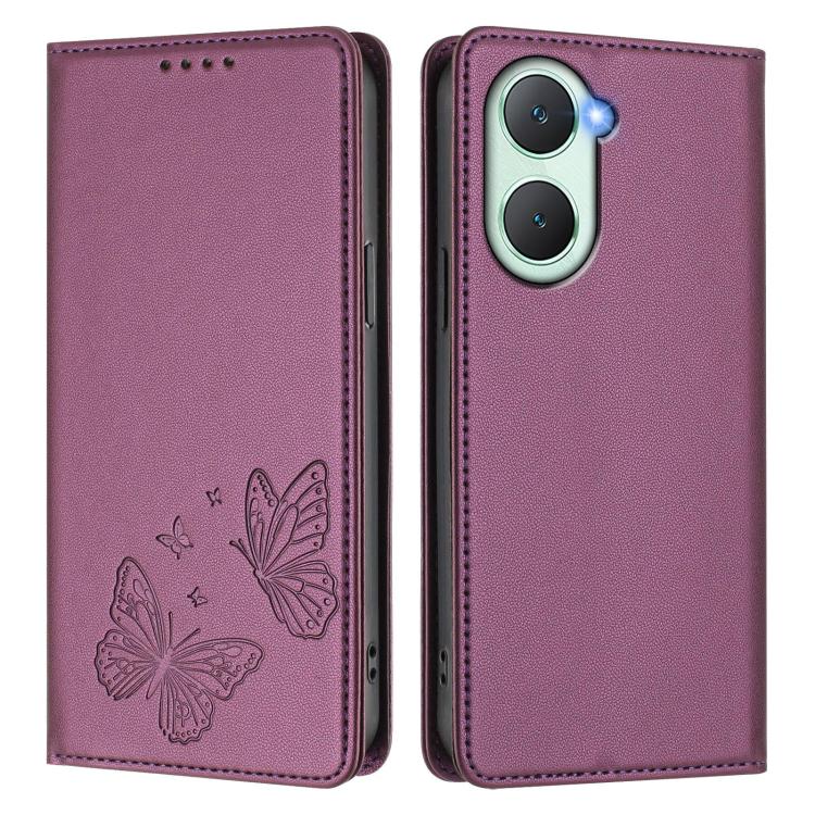 For vivo Y03 4G / Y18 4G / Y28s Global Strong Magnetic Dual Butterfly RFID Vegan Leather Phone Case
