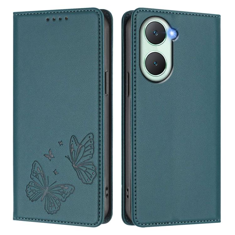 For vivo Y03 4G / Y18 4G / Y28s Global Strong Magnetic Dual Butterfly RFID Vegan Leather Phone Case