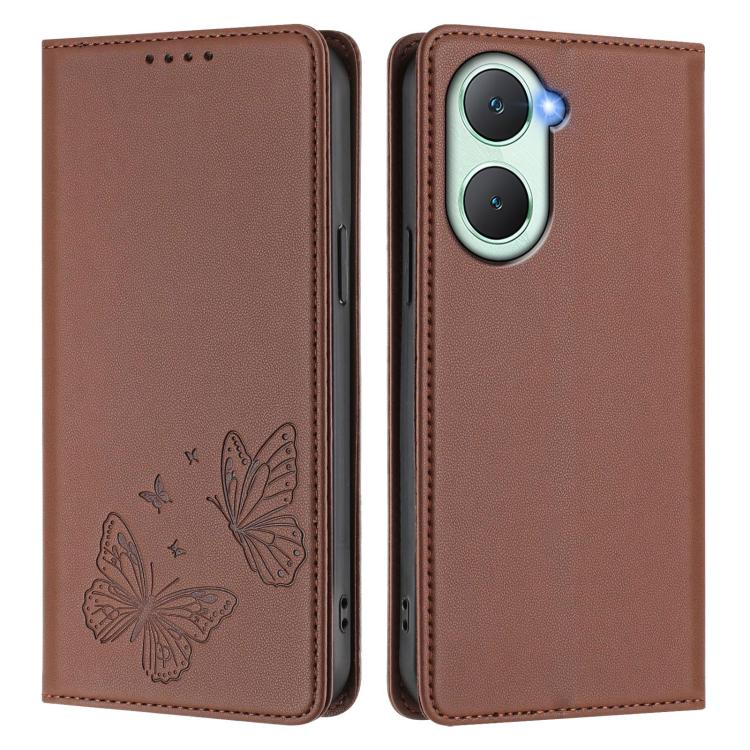 For vivo Y03 4G / Y18 4G / Y28s Global Strong Magnetic Dual Butterfly RFID Vegan Leather Phone Case