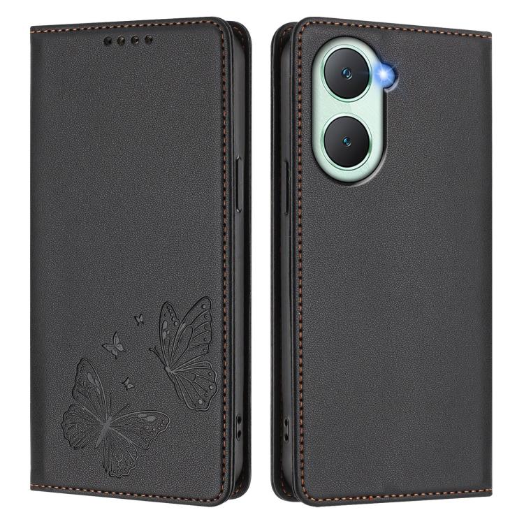 For vivo Y03 4G / Y18 4G / Y28s Global Strong Magnetic Dual Butterfly RFID Vegan Leather Phone Case