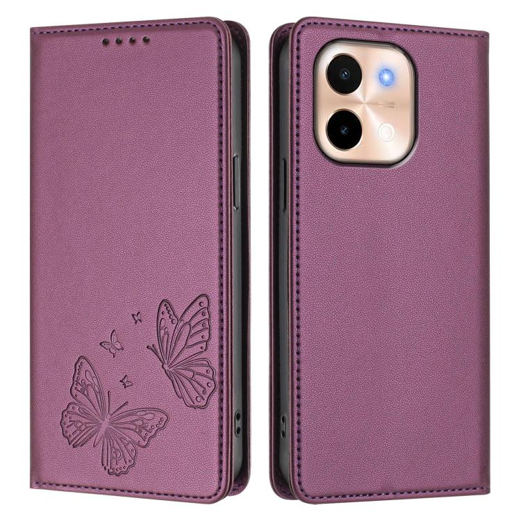 For vivo Y28 4G Global Strong Magnetic Dual Butterfly RFID Vegan Leather Phone Case