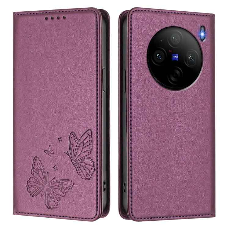 For vivo X100s 5G Strong Magnetic Dual Butterfly RFID Vegan Leather Phone Case