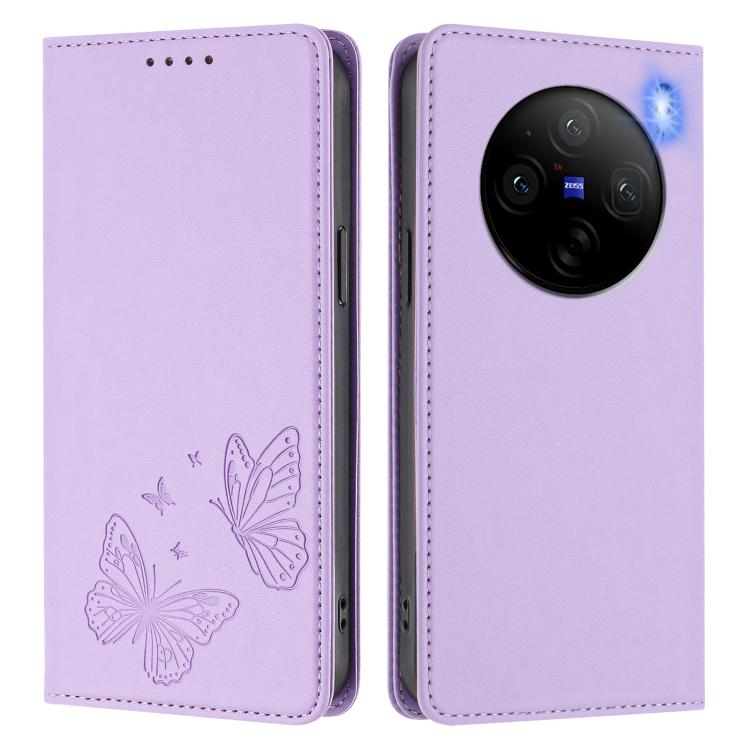 For vivo X100 5G Strong Magnetic Dual Butterfly RFID Vegan Leather Phone Case