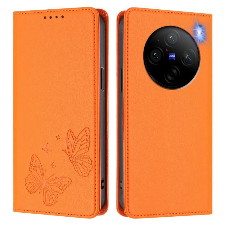 For vivo X100 5G Strong Magnetic Dual Butterfly RFID Vegan Leather Phone Case