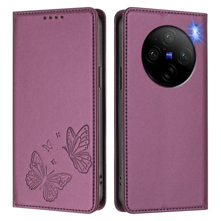 For vivo X100 5G Strong Magnetic Dual Butterfly RFID Vegan Leather Phone Case
