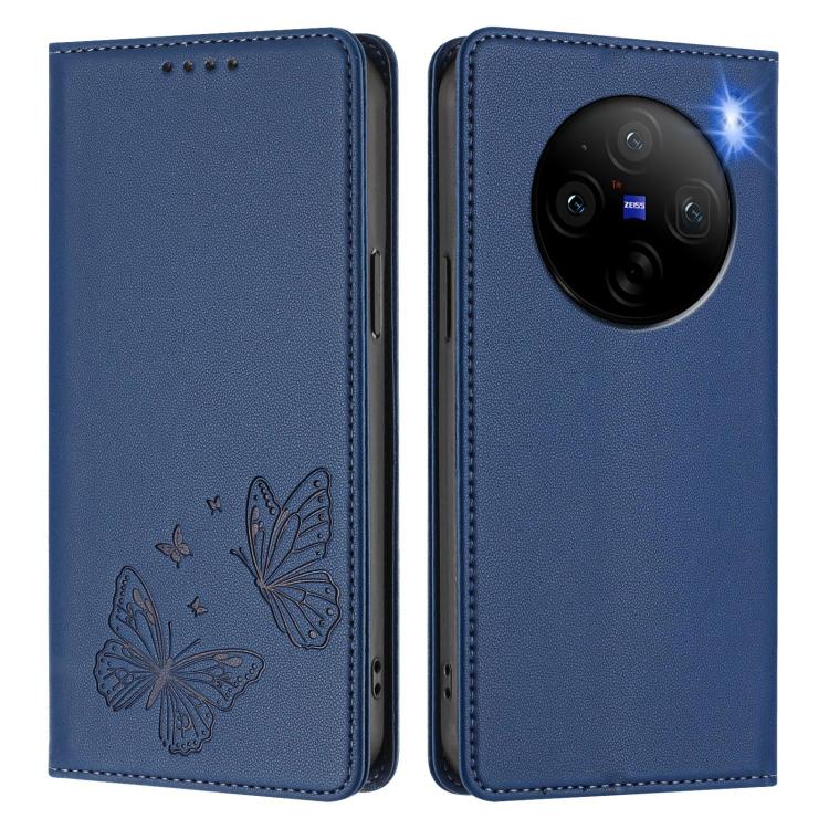For vivo X100 5G Strong Magnetic Dual Butterfly RFID Vegan Leather Phone Case