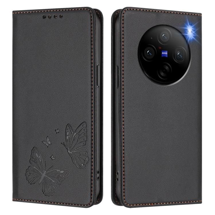 For vivo X100 5G Strong Magnetic Dual Butterfly RFID Vegan Leather Phone Case