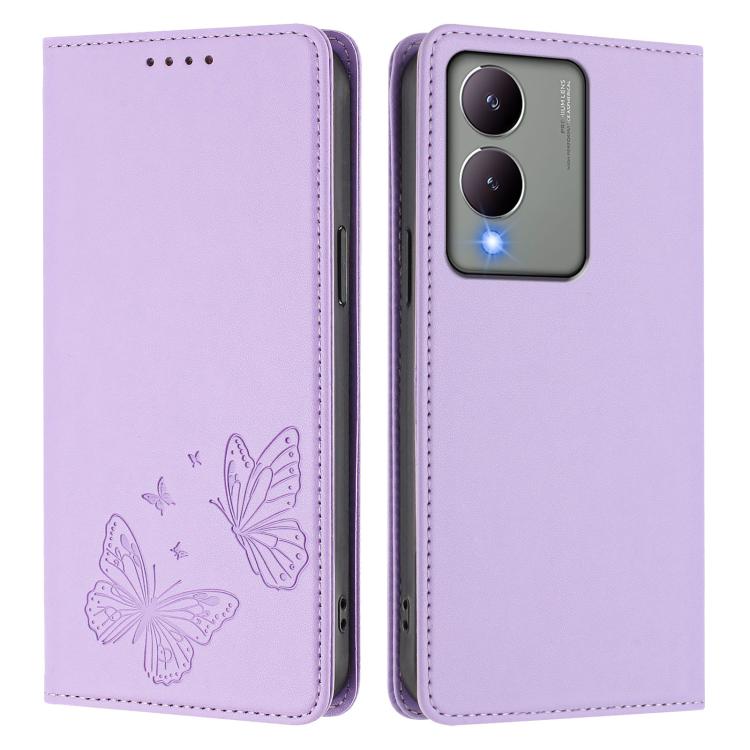 For vivo Y17s 4G  Global / 5G India Strong Magnetic Dual Butterfly RFID Vegan Leather Phone Case