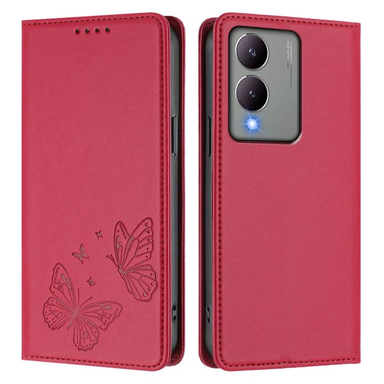 For vivo Y17s 4G  Global / 5G India Strong Magnetic Dual Butterfly RFID Vegan Leather Phone Case