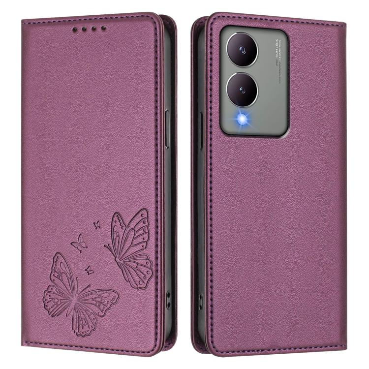 For vivo Y17s 4G  Global / 5G India Strong Magnetic Dual Butterfly RFID Vegan Leather Phone Case