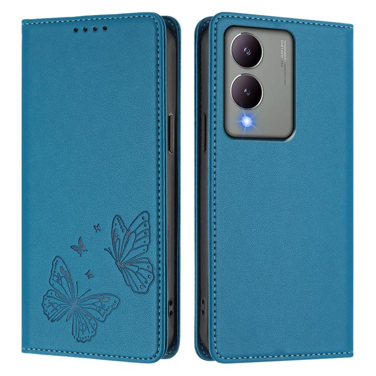 For vivo Y17s 4G  Global / 5G India Strong Magnetic Dual Butterfly RFID Vegan Leather Phone Case