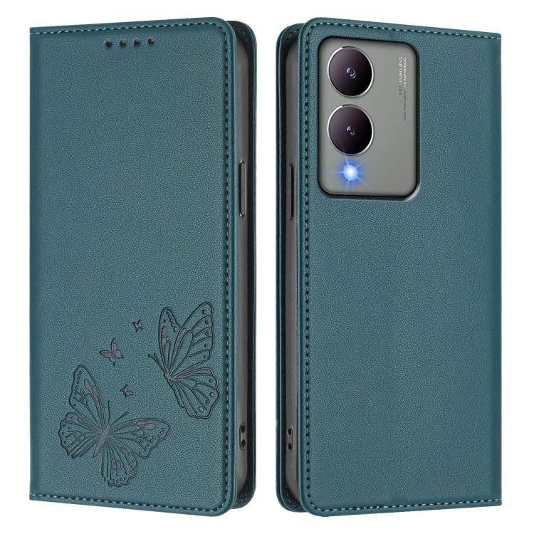 For vivo Y17s 4G  Global / 5G India Strong Magnetic Dual Butterfly RFID Vegan Leather Phone Case