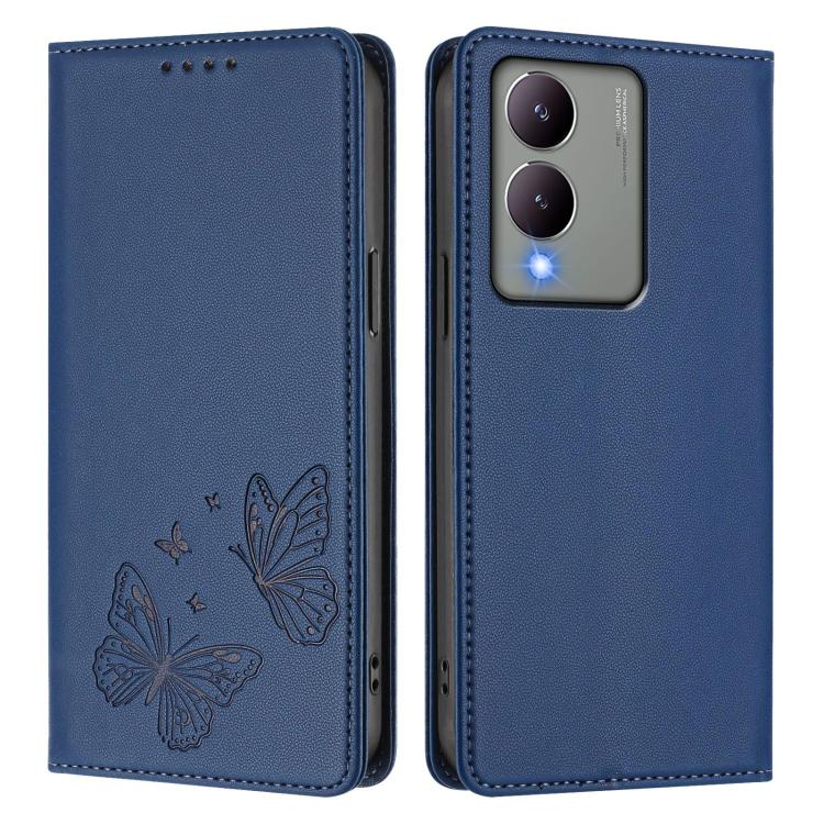 For vivo Y17s 4G  Global / 5G India Strong Magnetic Dual Butterfly RFID Vegan Leather Phone Case