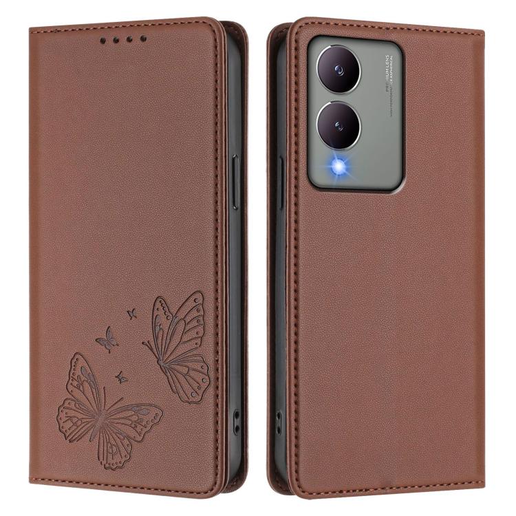 For vivo Y17s 4G  Global / 5G India Strong Magnetic Dual Butterfly RFID Vegan Leather Phone Case