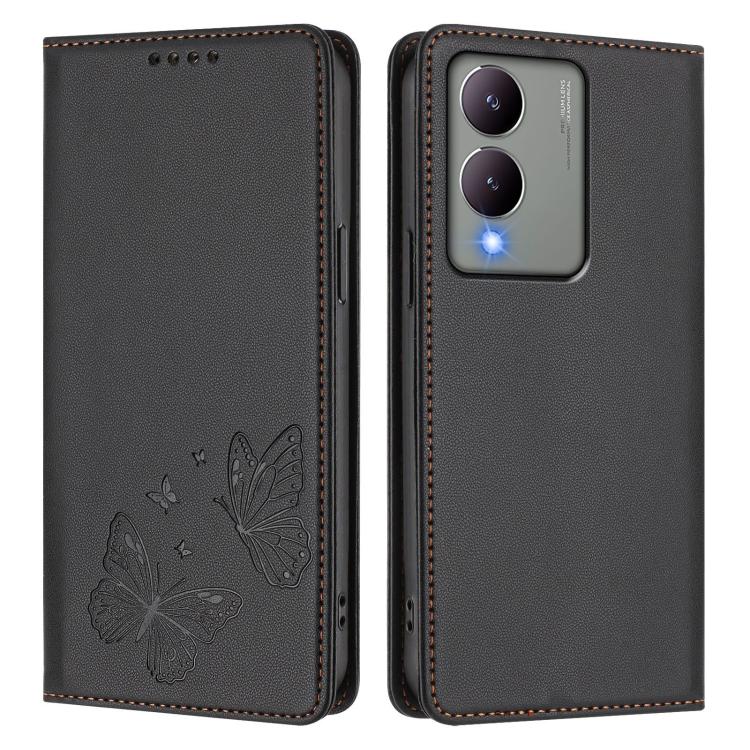 For vivo Y17s 4G  Global / 5G India Strong Magnetic Dual Butterfly RFID Vegan Leather Phone Case
