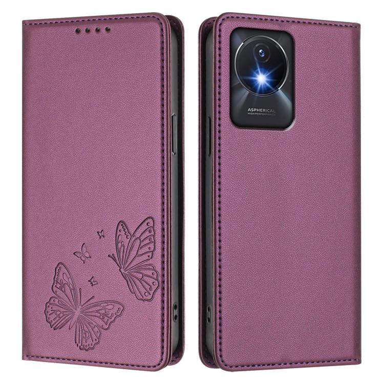 For vivo Y02a 4G / Y02 4G / Y11 / Y02t Strong Magnetic Dual Butterfly RFID Vegan Leather Phone Case