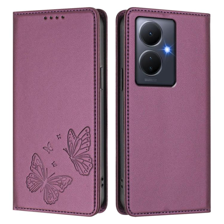 For vivo Y78+ 5G / Y78 5G Global Strong Magnetic Dual Butterfly RFID Vegan Leather Phone Case