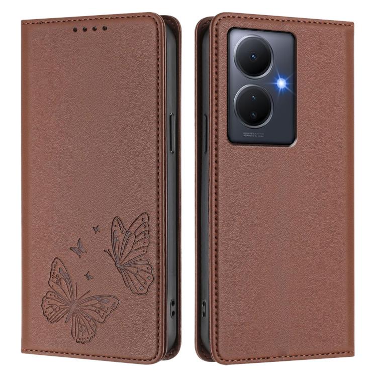 For vivo Y78+ 5G / Y78 5G Global Strong Magnetic Dual Butterfly RFID Vegan Leather Phone Case