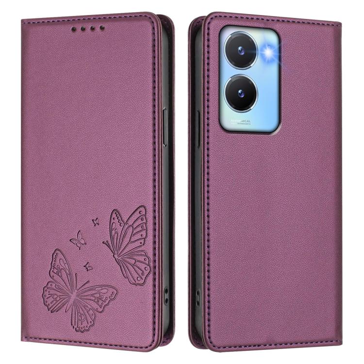 For vivo Y56 5G / Y16 4G / Y02s 4G Strong Magnetic Dual Butterfly RFID Vegan Leather Phone Case