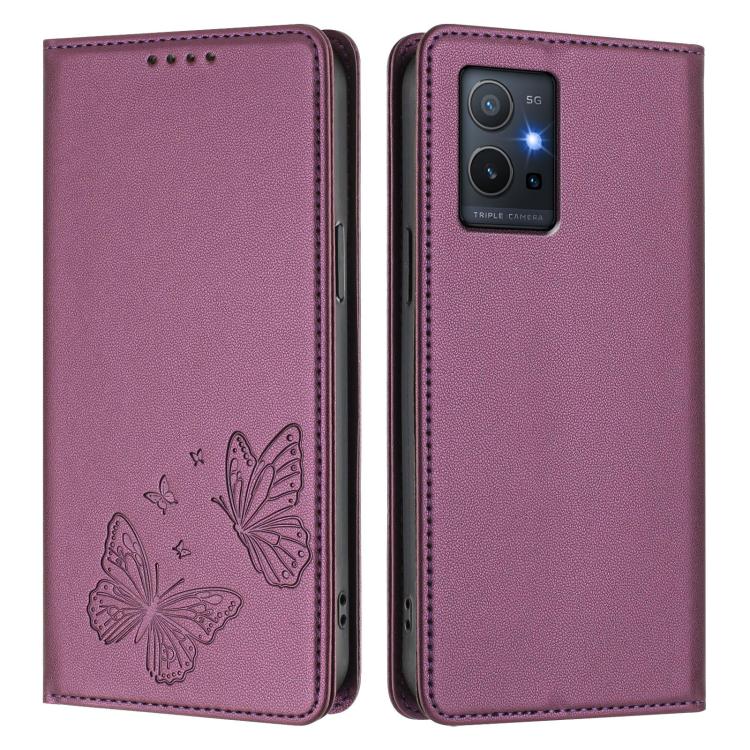 For vivo Y55s 5G / Y55 5G / Y75 5G Strong Magnetic Dual Butterfly RFID Vegan Leather Phone Case