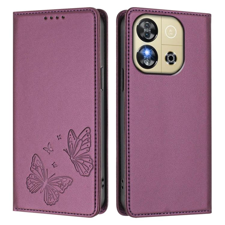 For Oukitel C57s / C57 Pro Strong Magnetic Dual Butterfly RFID Vegan Leather Phone Case