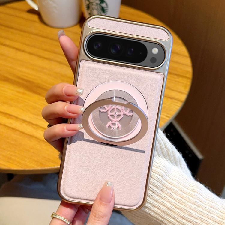 For Google Pixel 10 Pro XL Electroplated Side-mounted Vegan Leather Magnetic Phone Case with 360 Degrees Gear Rotating Holder