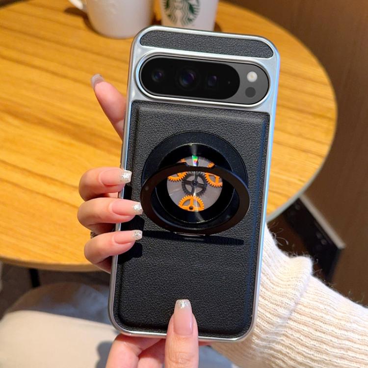 For Google Pixel 10 Pro XL Electroplated Side-mounted Vegan Leather Magnetic Phone Case with 360 Degrees Gear Rotating Holder