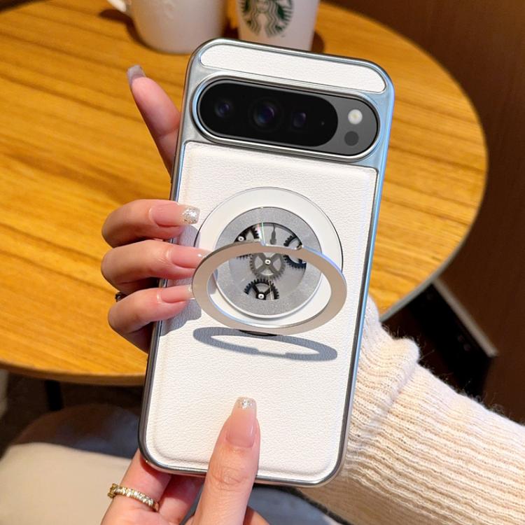 For Google Pixel 10 / 10 Pro Electroplated Side-mounted Vegan Leather Magnetic Phone Case with 360 Degrees Gear Rotating Holder