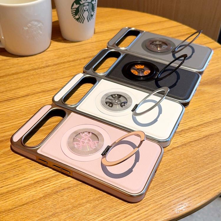 For Google Pixel 10 / 10 Pro Electroplated Side-mounted Vegan Leather Magnetic Phone Case with 360 Degrees Gear Rotating Holder