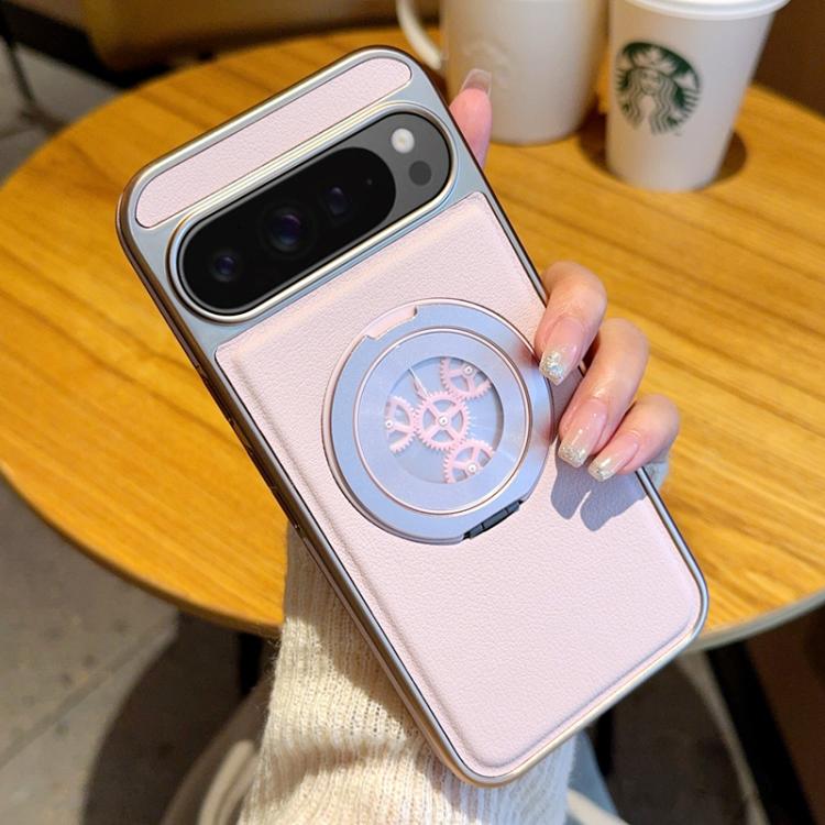 For Google Pixel 9a Electroplated Side-mounted Vegan Leather Magnetic Phone Case with 360 Degrees Gear Rotating Holder