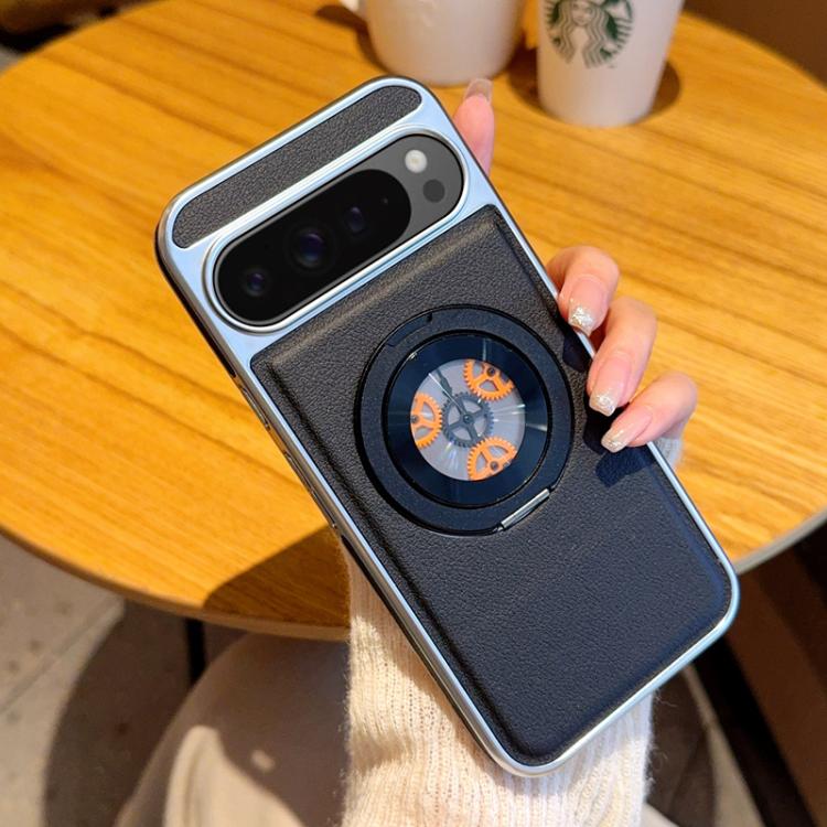 For Google Pixel 9a Electroplated Side-mounted Vegan Leather Magnetic Phone Case with 360 Degrees Gear Rotating Holder