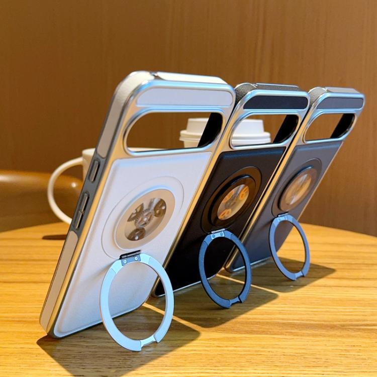 For Google Pixel 9a Electroplated Side-mounted Vegan Leather Magnetic Phone Case with 360 Degrees Gear Rotating Holder