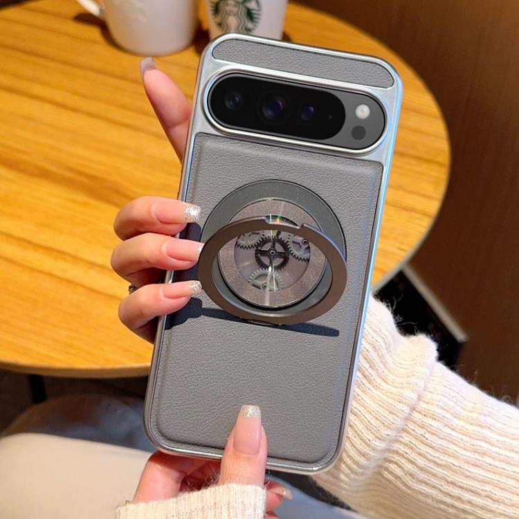 For Google Pixel 9 Pro XL Electroplated Side-mounted Vegan Leather Magnetic Phone Case with 360 Degrees Gear Rotating Holder