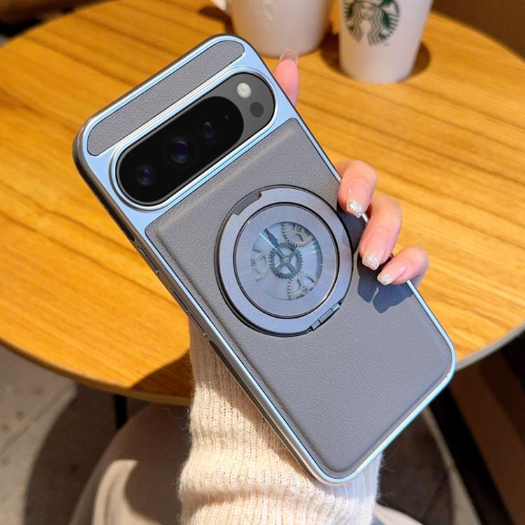 For Google Pixel 9 Pro XL Electroplated Side-mounted Vegan Leather Magnetic Phone Case with 360 Degrees Gear Rotating Holder