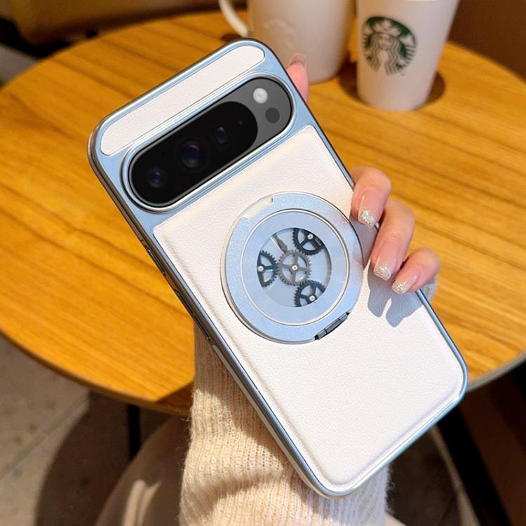 For Google Pixel 9 / 9 Pro Electroplated Side-mounted Vegan Leather Magnetic Phone Case with 360 Degrees Gear Rotating Holder