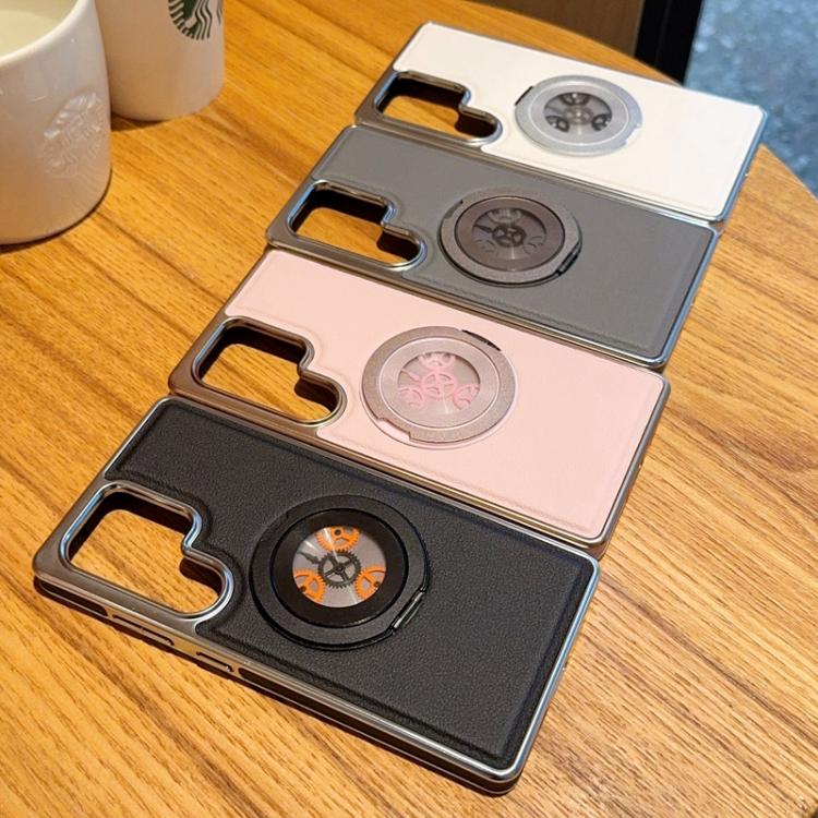 For Samsung Galaxy S26+ 5G Electroplated Side-mounted Vegan Leather Magnetic Phone Case with 360 Degrees Gear Rotating Holder