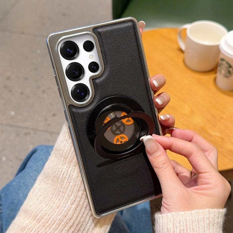 For Samsung Galaxy S26+ 5G Electroplated Side-mounted Vegan Leather Magnetic Phone Case with 360 Degrees Gear Rotating Holder
