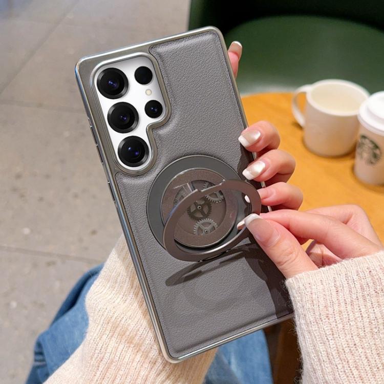 For Samsung Galaxy S26+ 5G Electroplated Side-mounted Vegan Leather Magnetic Phone Case with 360 Degrees Gear Rotating Holder