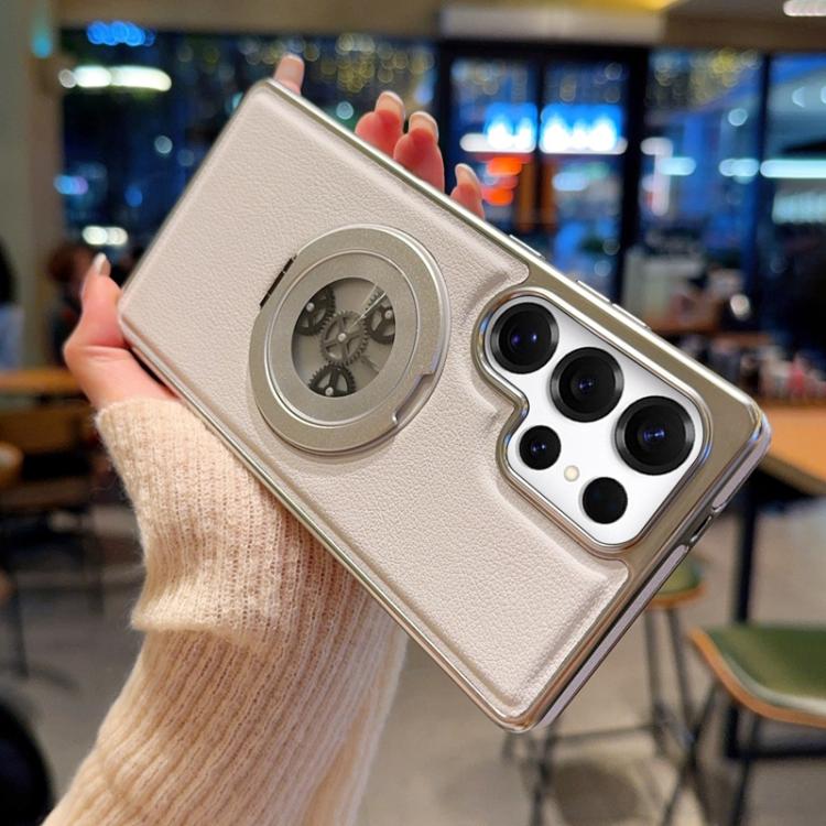For Samsung Galaxy S26+ 5G Electroplated Side-mounted Vegan Leather Magnetic Phone Case with 360 Degrees Gear Rotating Holder