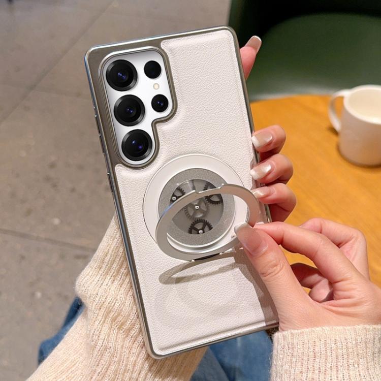 For Samsung Galaxy S26 Ultra 5G Electroplated Side-mounted Vegan Leather Magnetic Phone Case with 360 Degrees Gear Rotating Holder