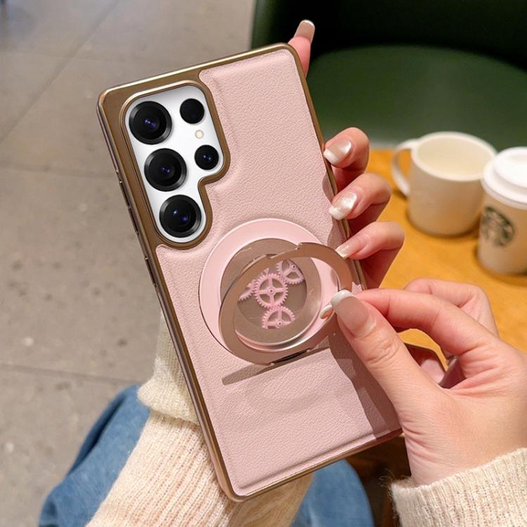For Samsung Galaxy S26 Ultra 5G Electroplated Side-mounted Vegan Leather Magnetic Phone Case with 360 Degrees Gear Rotating Holder