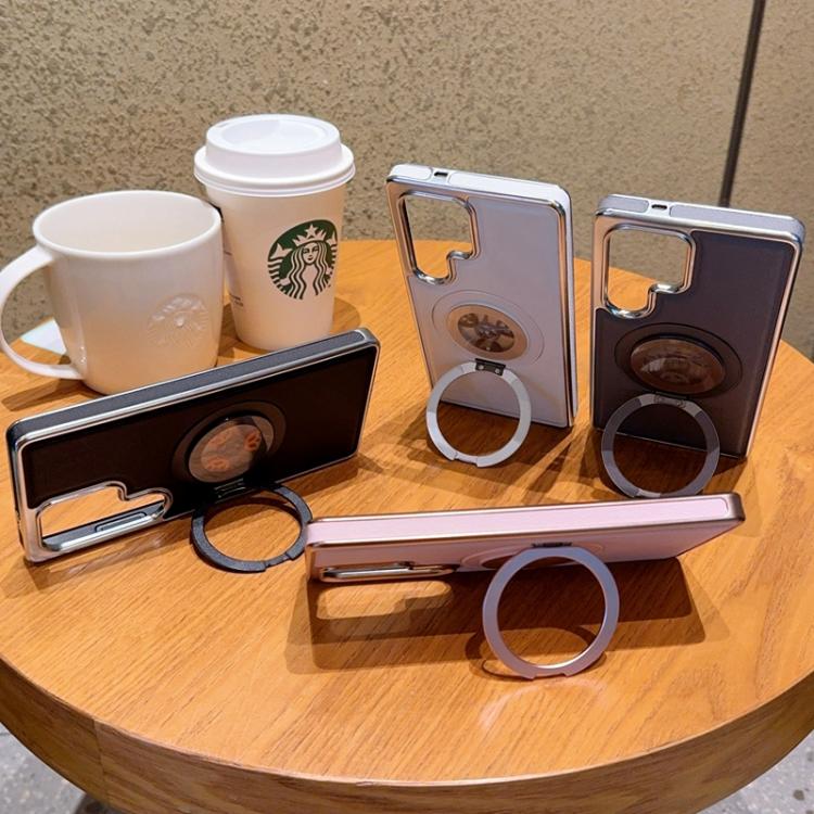 For Samsung Galaxy S26 Ultra 5G Electroplated Side-mounted Vegan Leather Magnetic Phone Case with 360 Degrees Gear Rotating Holder
