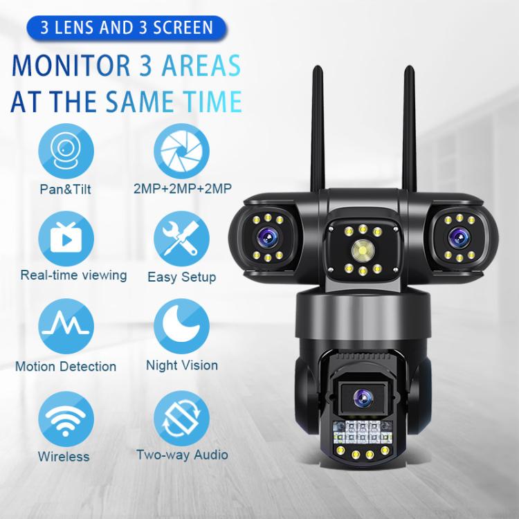V380 3MP HD Panoramic 360 Degrees Triple Lens Wireless WiFi Surveillance Camera, US Plug - Black