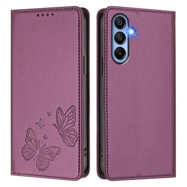 For Galaxy A15 4G / 5G Strong Magnetic Dual Butterfly RFID Vegan Leather Phone Case