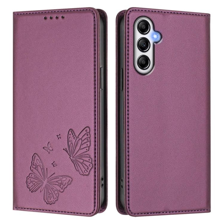 For Galaxy A24 4G Global Strong Magnetic Dual Butterfly RFID Vegan Leather Phone Case