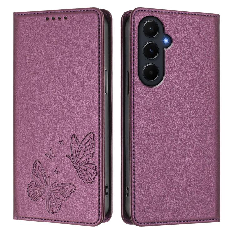 For Galaxy A55 5G Strong Magnetic Dual Butterfly RFID Vegan Leather Phone Case